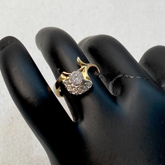 Fan Shaped Rhinestones Ring Encircling Round Faux Diamond Gold Tone Metal - Picture 2 of 9